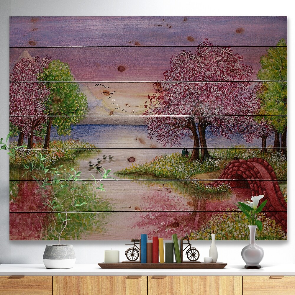 Designart 'Romantic Lake In Pink And Green' Lake House Wood Wall Art Panels   Natural Pine Wood