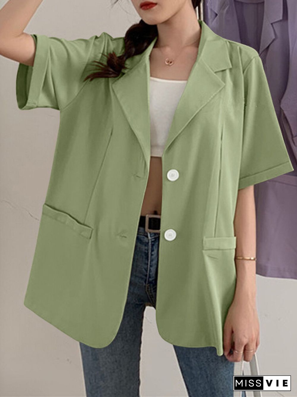 Solid Color Half Sleeve Turn-down Collar Blazer For Women