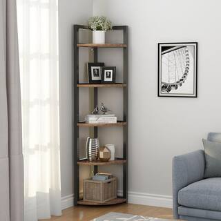 TRIBESIGNS WAY TO ORIGIN Charlie 59 in. Rustic Brown Wood and Black Metal Frame 5-Shelf Radial Corner Shelf Bookshelf Storage Rack Plant Stand HD-SFC0054