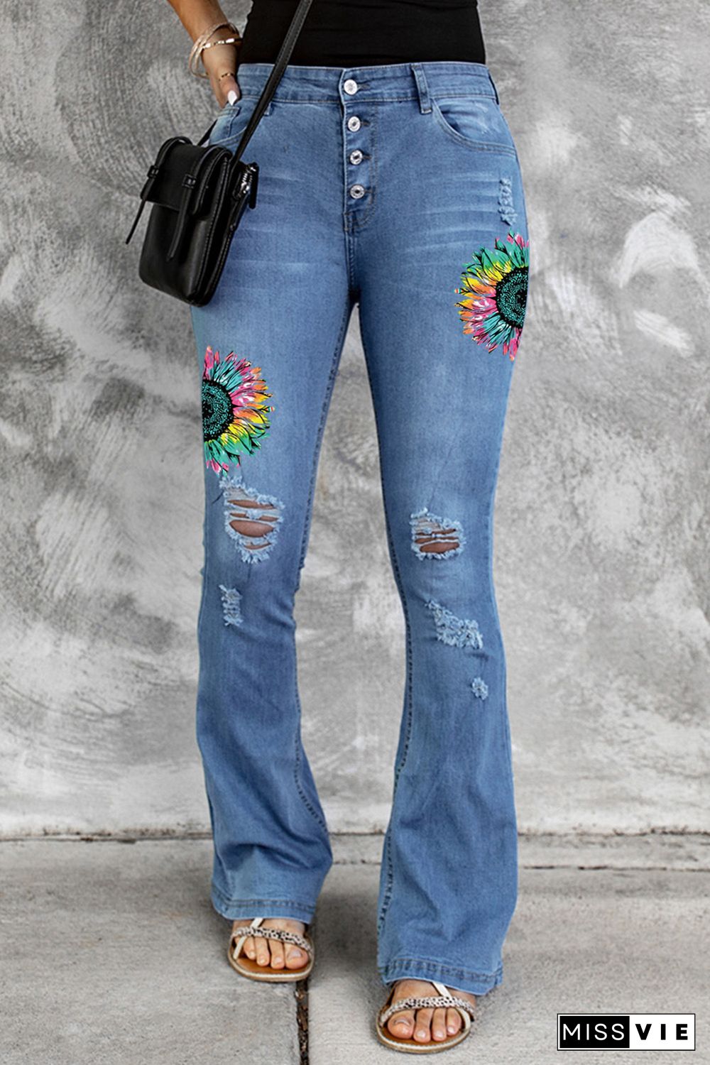 Sky Blue Tie Dye Sunflower Print Buttons Distressed Flare Jeans