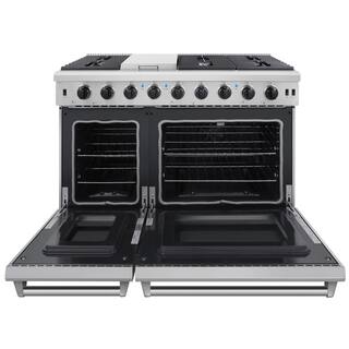 Thor Kitchen 48 in. 6.8 cu. ft. Double Oven Gas Range in Stainless Steel with Griddle and 6-Burners LRG4807U