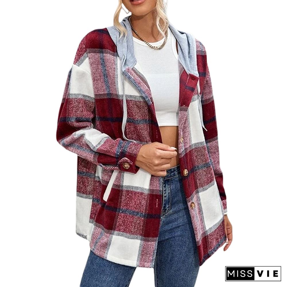 Plaid Jacket Women Overshirt Long Checkered Jackets Female Long Sleeve Winter Hooded Coat Shirt Jacket Harajuku Tops