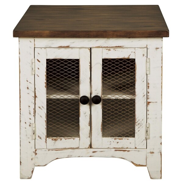 Two Tone Wooden End Table with Metal Grill Cabinet， Brown and White