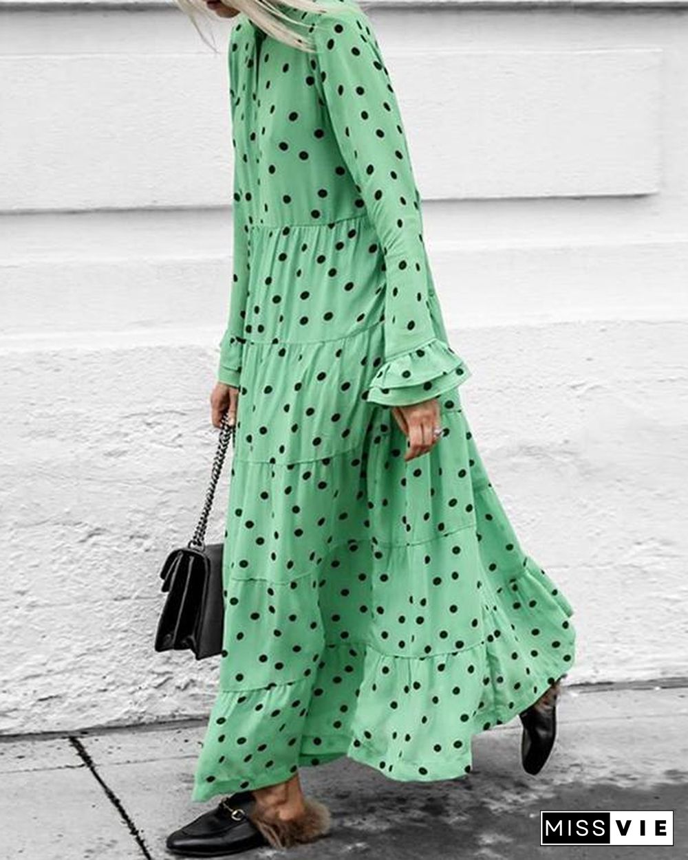 Polka-dot Long Sleeves Maxi Dress