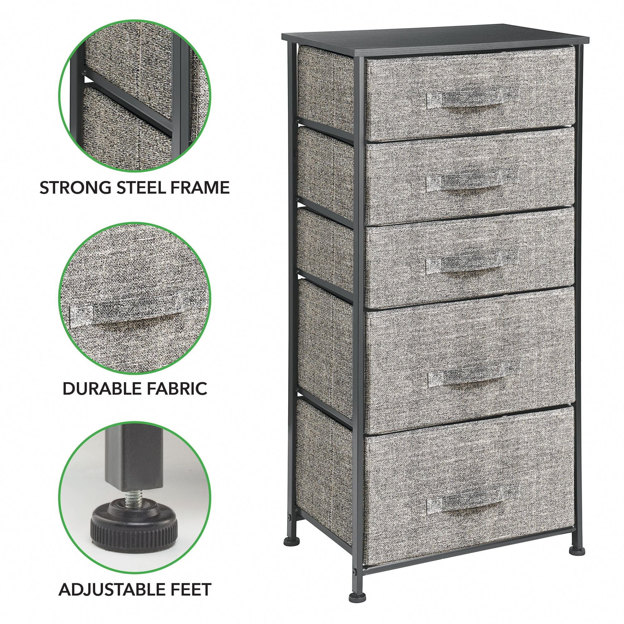 mDesign Storage Dresser Furniture Unit - Tall Standing Organizer Tower for Bedroom, Office, Living Room, and Closet - 5 Drawer Removable Fabric Bins - Black/Graphite Gray