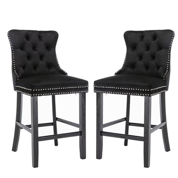 Velvet Upholstered Barstools Leisure Style Bar Chairs with Wood Legs， Nailhead Trim and Button Tufted Back (Set of 2） - N/A