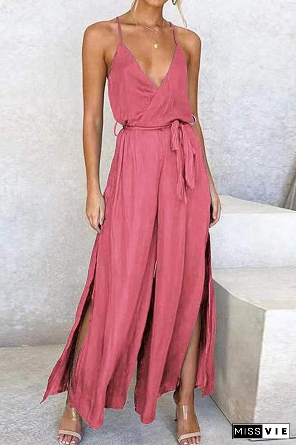 Slit Belted Slip Jumpsuits