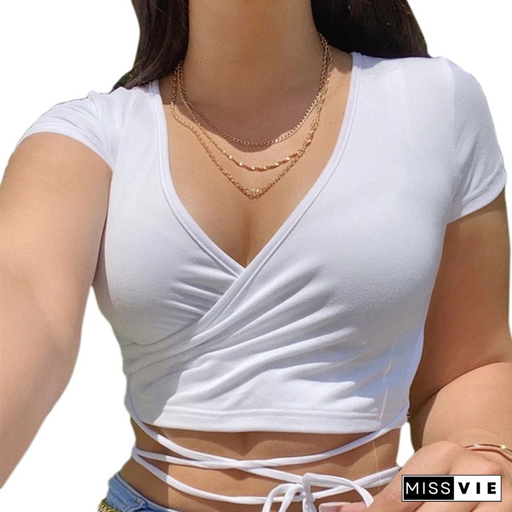 Women Fashion Solid Color Sexy V-neck Crop Tops Slim Fit Summer Short Sleeve Tank Top T Shirts