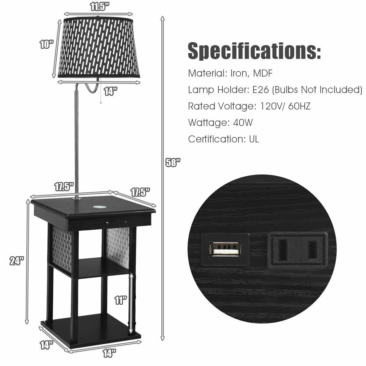 Floor Lamp, Swing Arm Lamp w/Shade Built in End Table Includes 2 USB Ports (Black Shade)