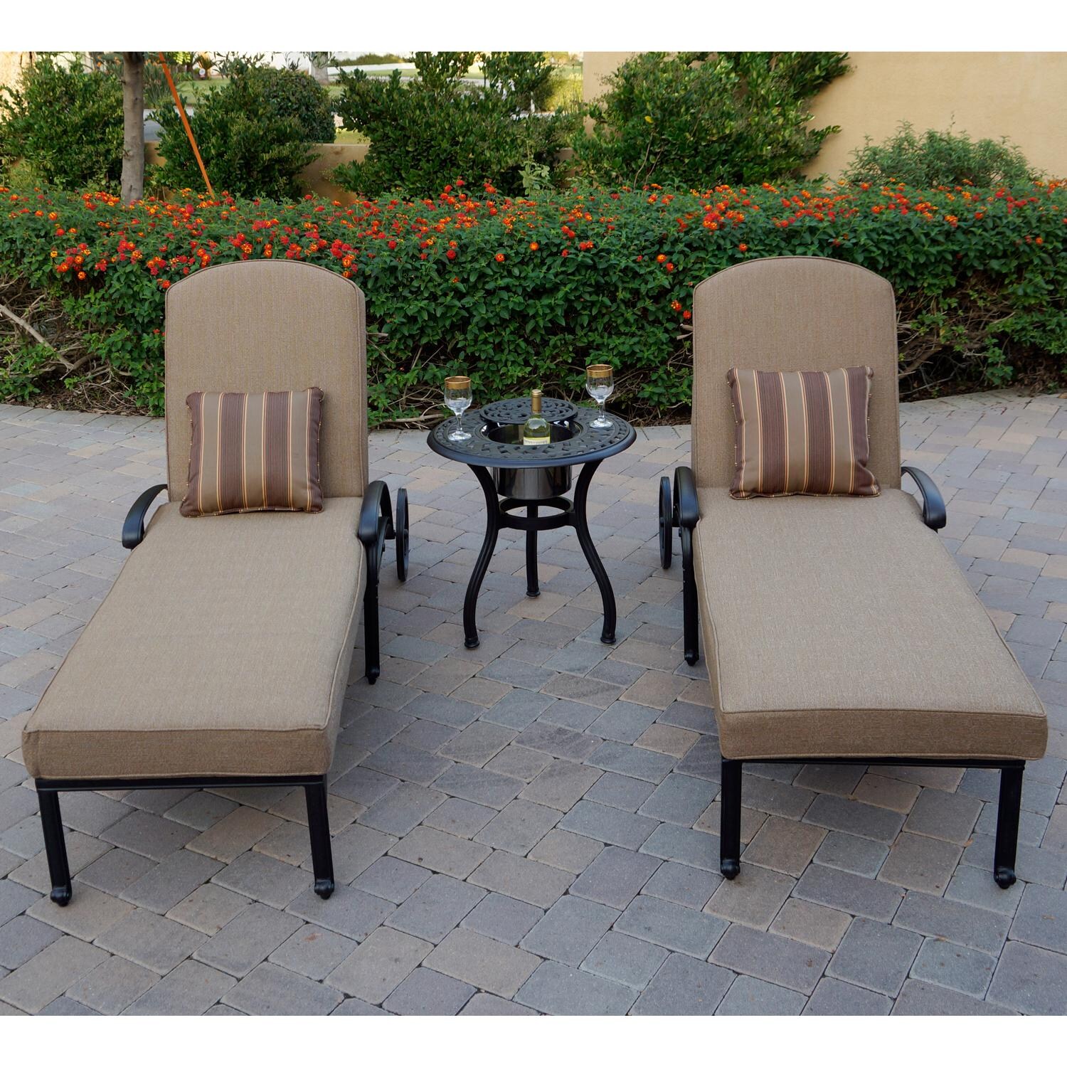 Darlee Elisabeth 3 Piece Cast Aluminum Patio Chaise Lounge Set W/ 24 Inch Round Ice Bucket End Table and Sesame Cushions