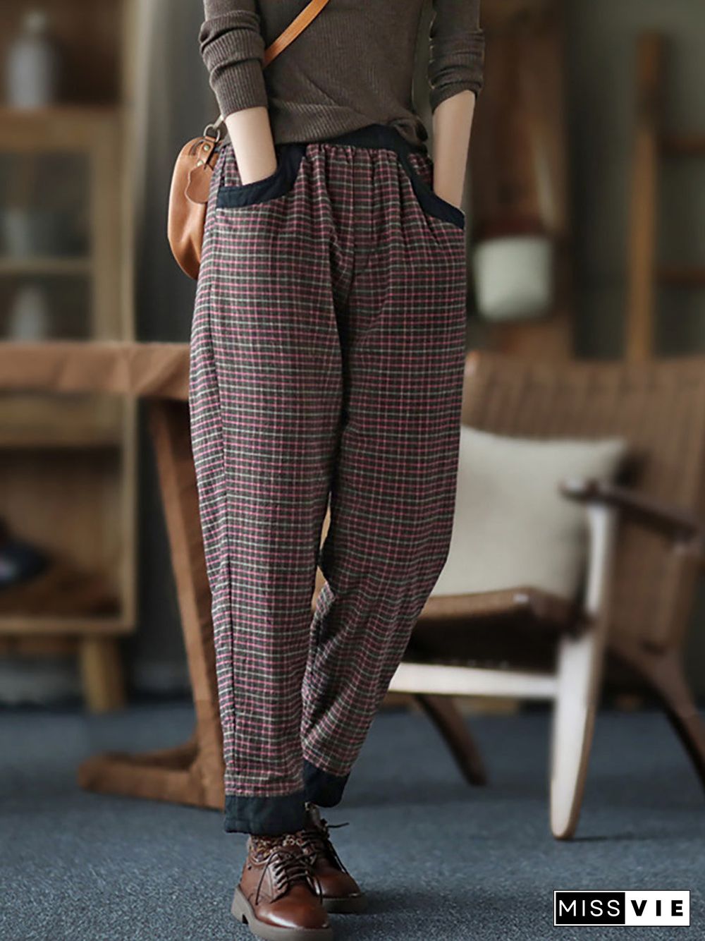 Plus Size Women Cotton Linen Plaid Elastic Waist Pants