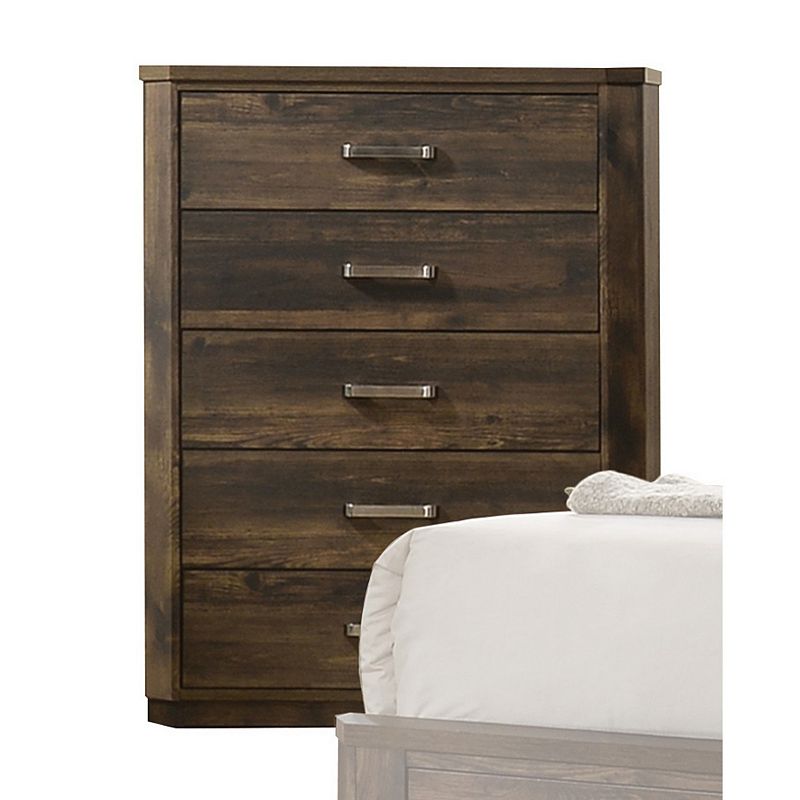 Transitional Style 5 Drawer Wooden Chest with Plinth Base， Brown