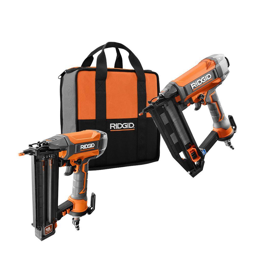 RIDGID Pneumatic 18-Gauge 2-18 in. Brad Nailer with CLEAN DRIVE Technology with Straight Finish Nailer R213BNF-R250SFF