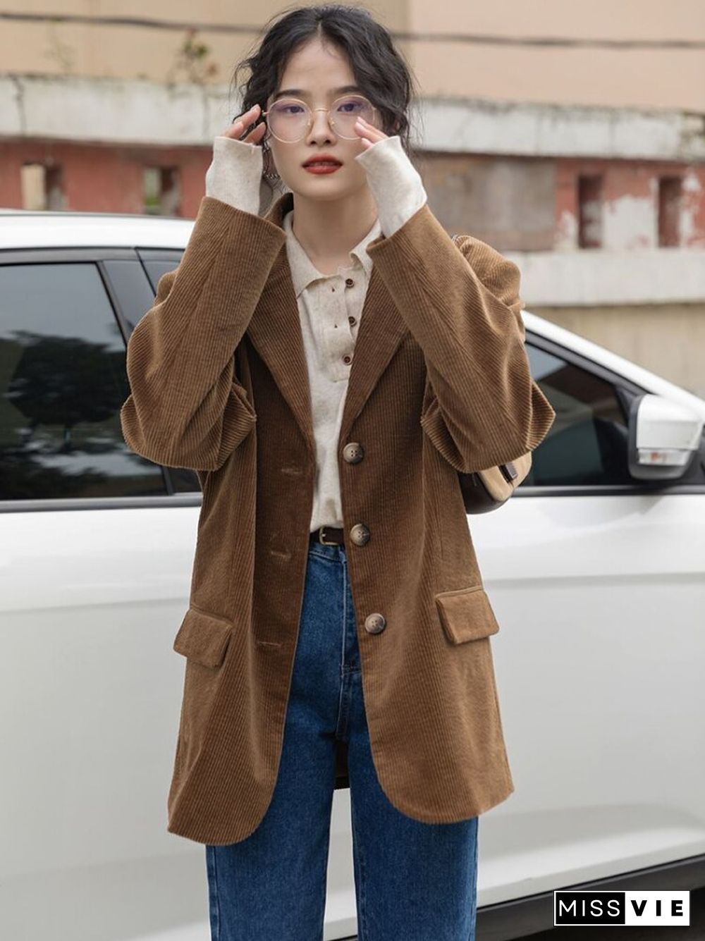 Retro Corduroy Blazer Jacket Women Autumn Winter Korean Fashion Casual Suit Coats Classic Solid Long Sleeve Outwear