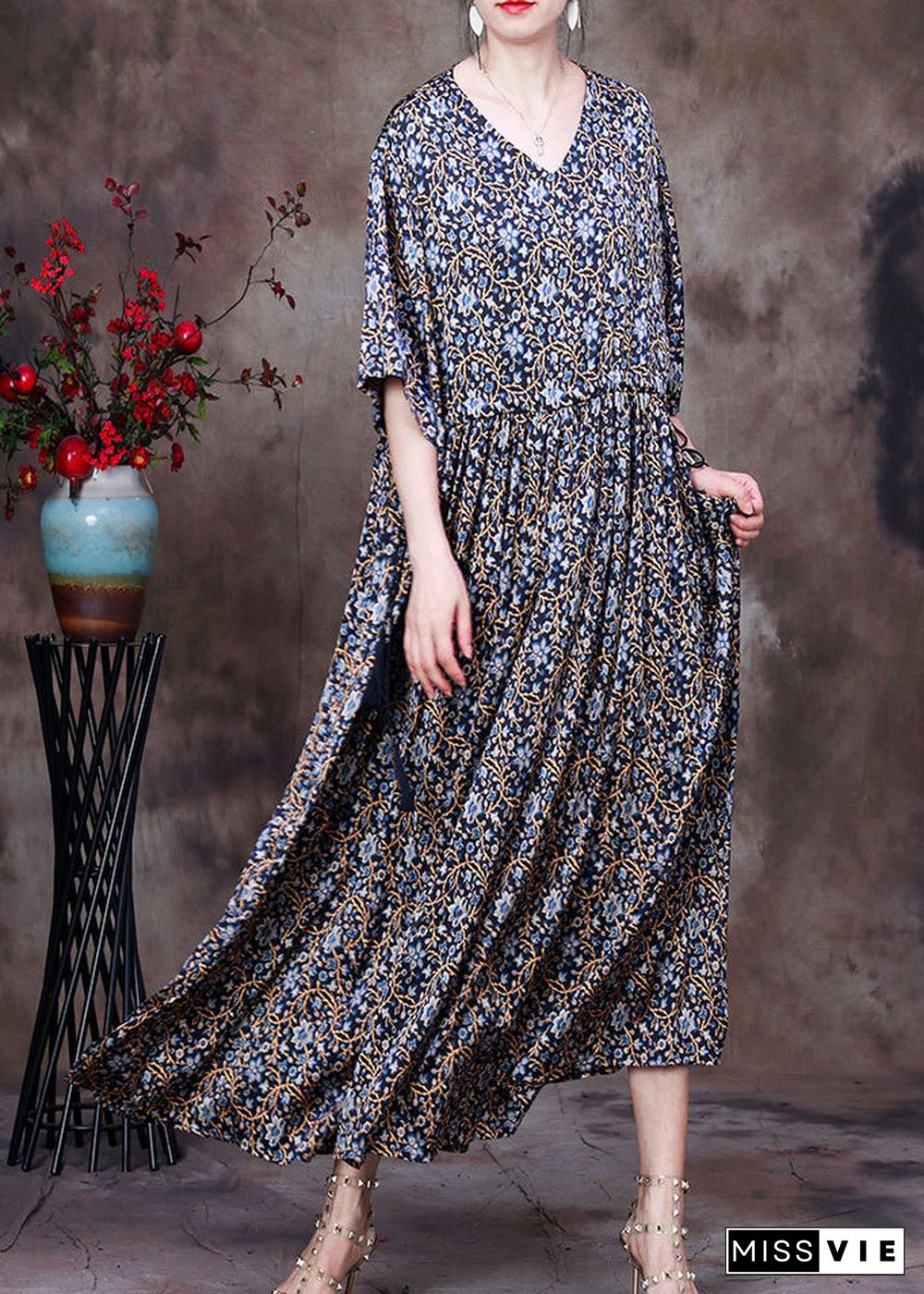 Vintage Blue Print V Neck Drawstring Silk Long Dresses For Women Half Sleeve