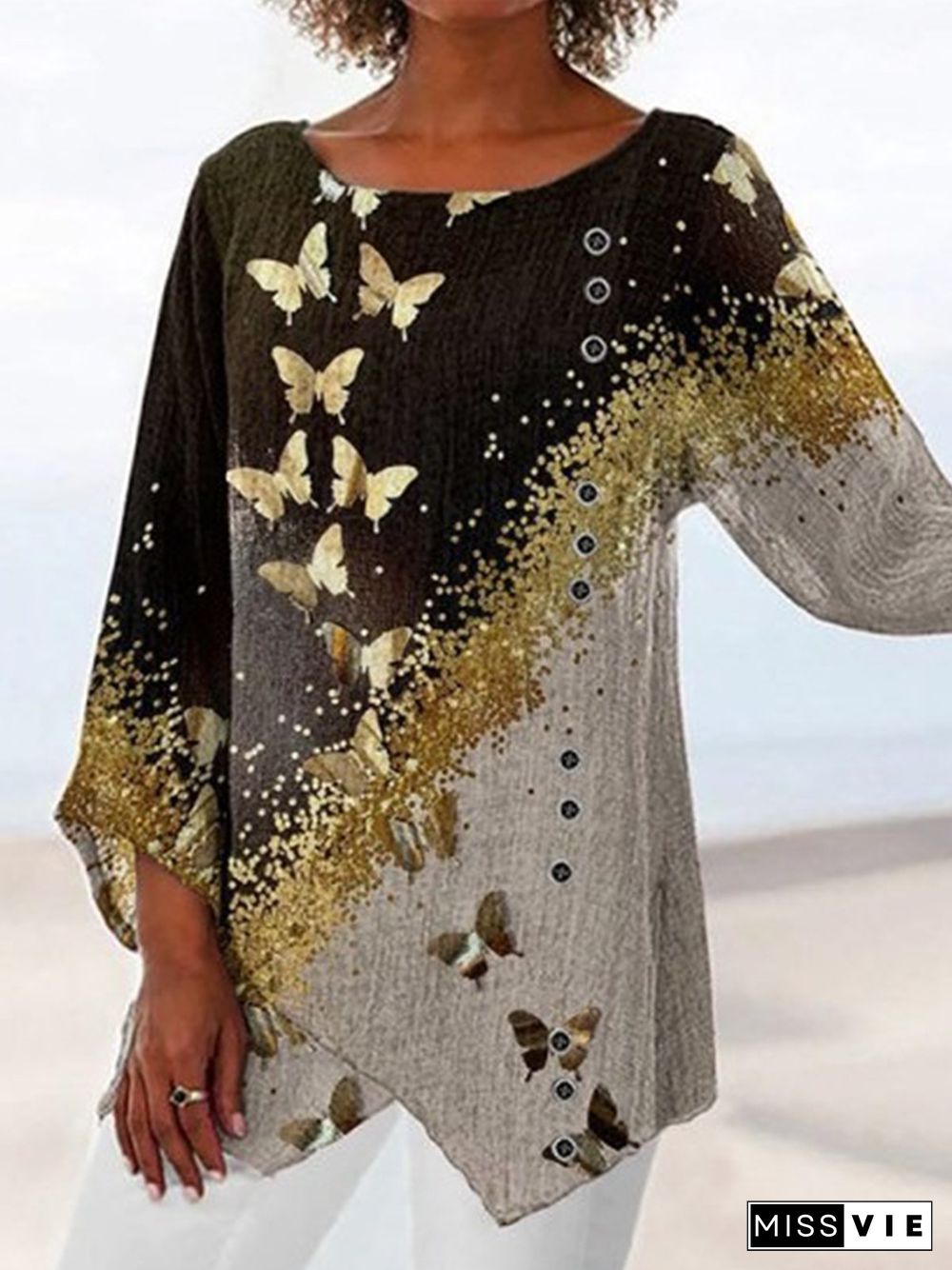 Vintage Long Sleeve Geometric Butterflies Printed Crew Neck Plus Size Casual Tops