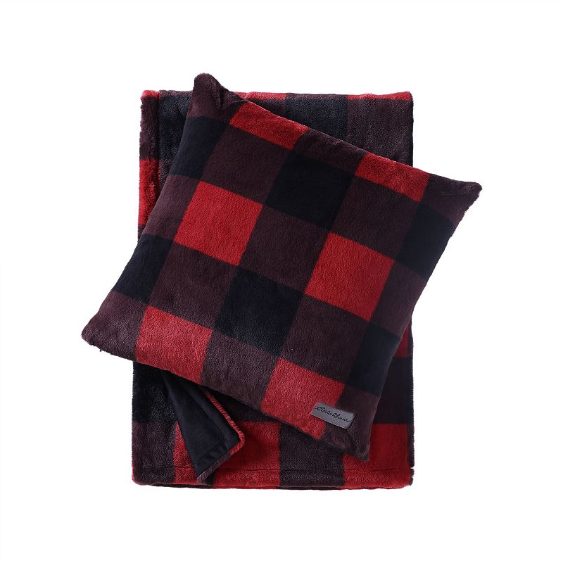 Eddie Bauer Cabin Buffalo Plaid Red Faux Fur Throw and Pillow Set