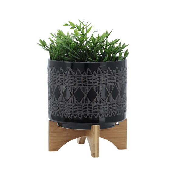 Ceramic 8 Aztec Planter On Wooden Stand  Black B0...