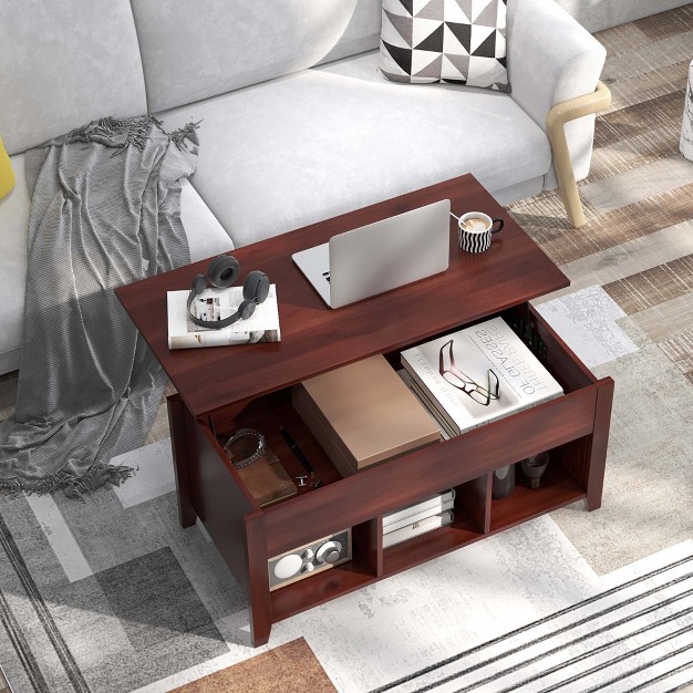 Costway Lift Top Coffee Table W Hidden Compartment And Storage Shelves Modern Furniture Brown