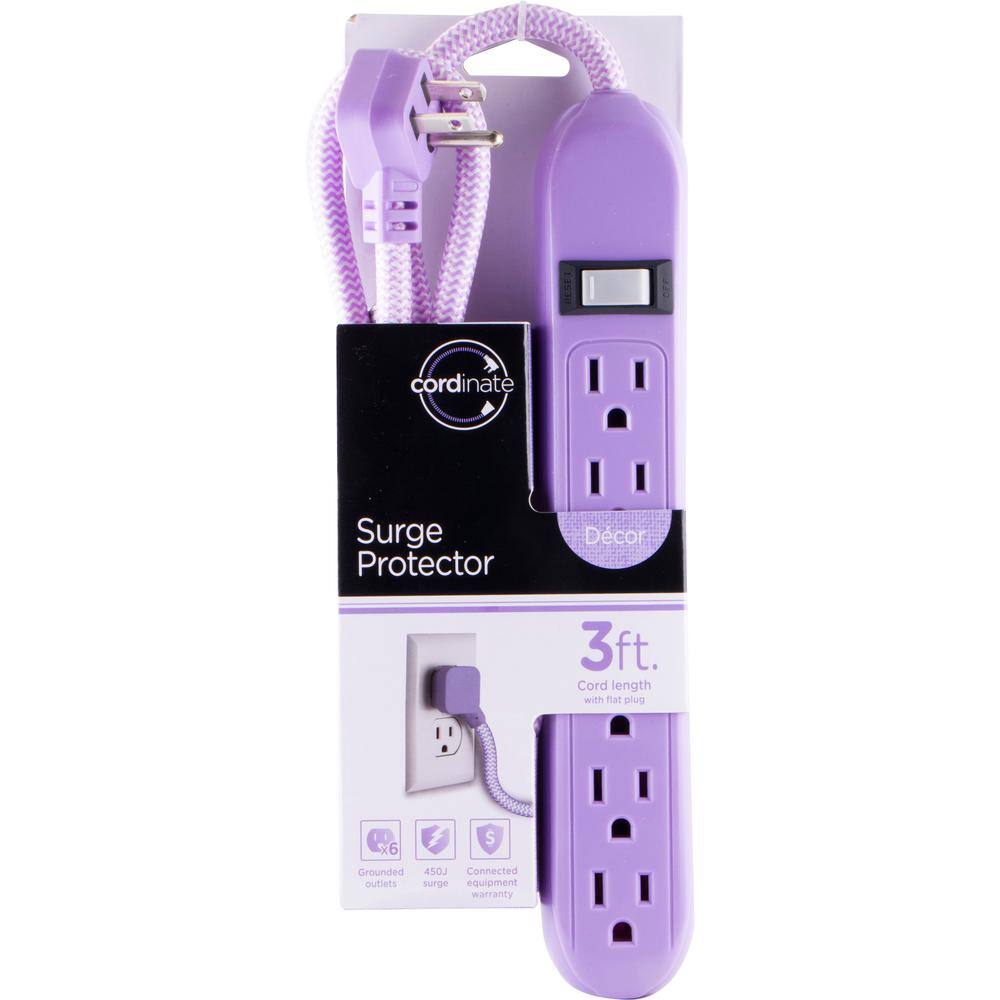 Cordinate 6-Outlet Surge Protector Power Strip Flat Plug Braided Cord Decorative 3 ft. Power Cord Purple 41639