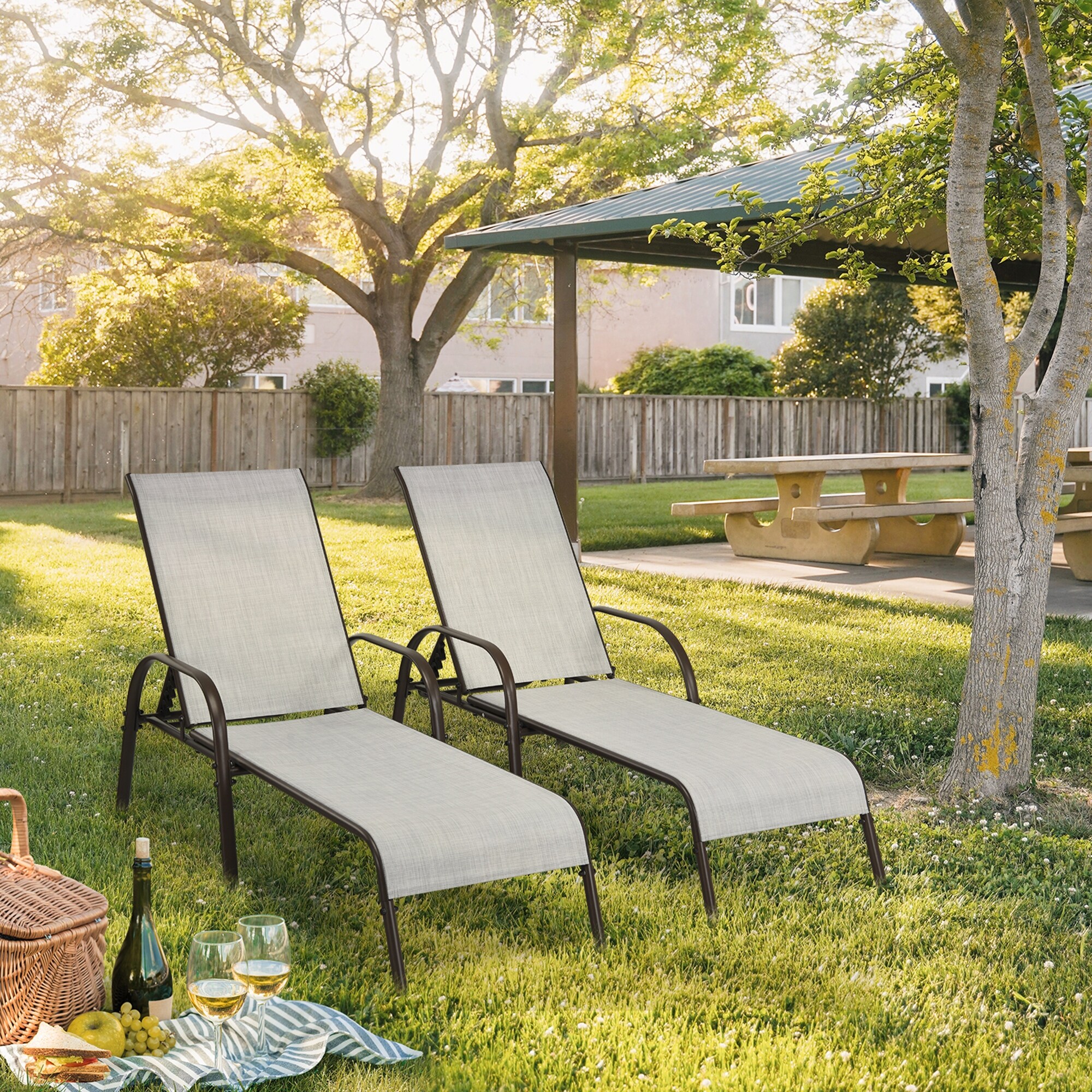 2PCS Adjustable Chaise Lounge Chair Recliner Patio Yard Outdoor w/ Armrest Grey