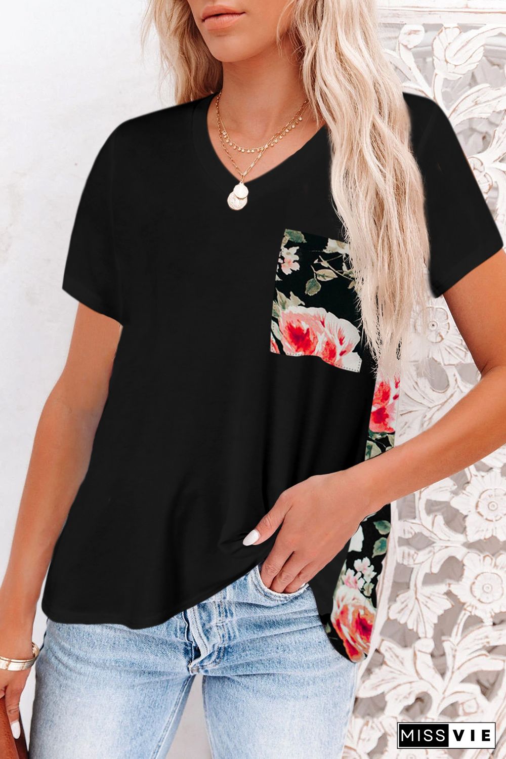 Black Women's Casual Floral Printed Splicing Pullover Pocket T-shirt