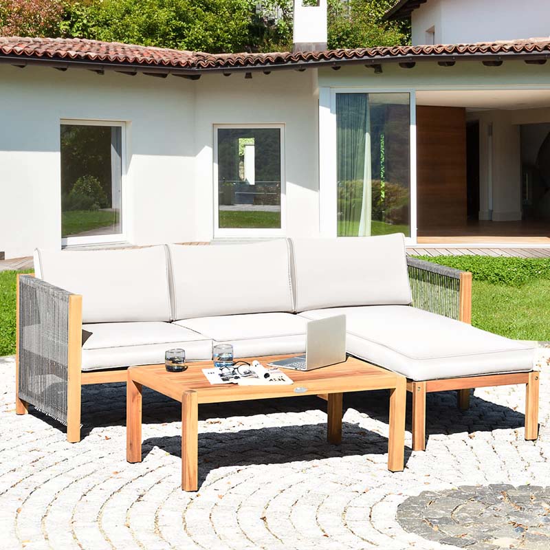 3 Pcs Acacia Wood Patio Conversation Set with Nylon Rope Armrest, L Shape Outdoor Furniture Set