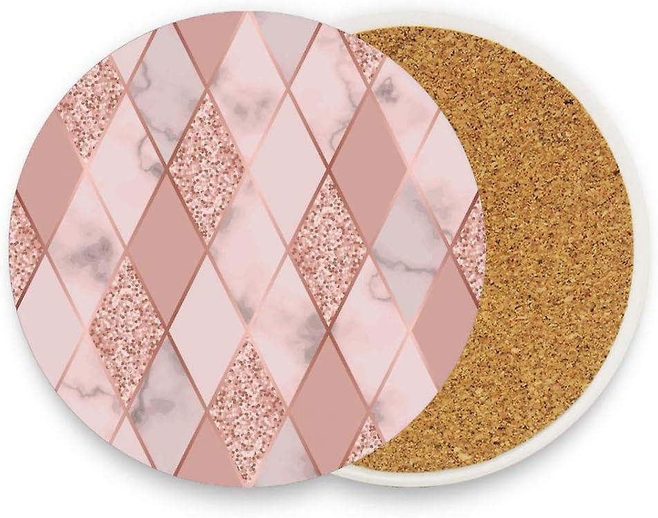 Printed Round Pink Marble Geometric Design Ceramic Coasters With Cork-backed For Coffee Drink Cup Mat Absorbent Stone Coaster Set Of 1/2/4