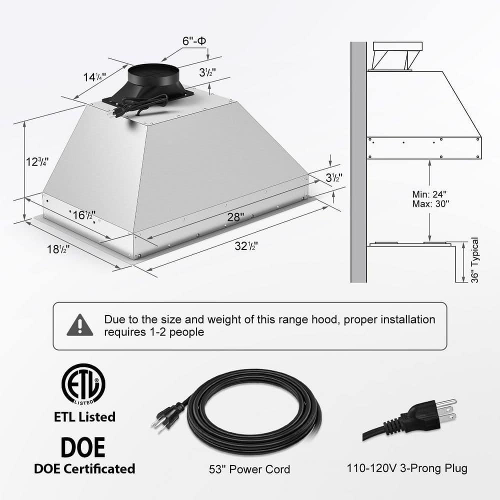 Tylza 30  900 CFM Convertible Ductless to Ducted Insert Range Hood in Stainless Steel with Charcoal Filter and Exhaust Pipe