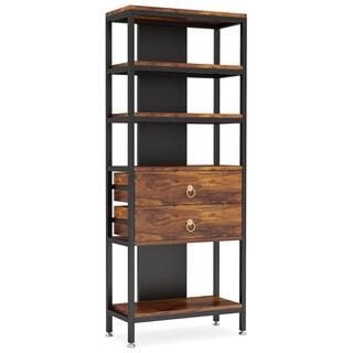 TRIBESIGNS WAY TO ORIGIN Kaduna 27.56 in. Wide Rustic Brown Wood 5-Shelf Free Standing Bookcase with Adjustable LED Light and 2-Drawers ZY-XK22098