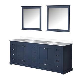 Lexora Dukes 84 in. W x 22 in. D Navy Blue Double Bath Vanity White Quartz Top and 34 in. Mirrors LD342284DEWQM34