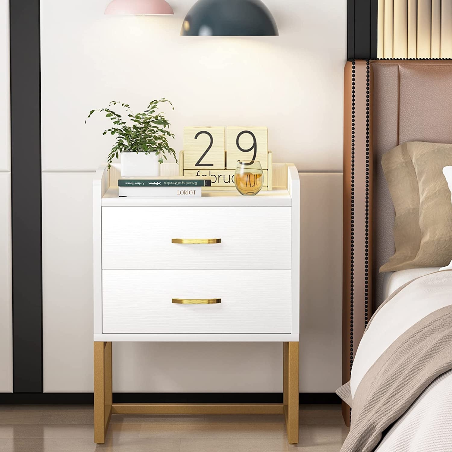 White and Gold Nightstand Bedside Table with 2 Drawers