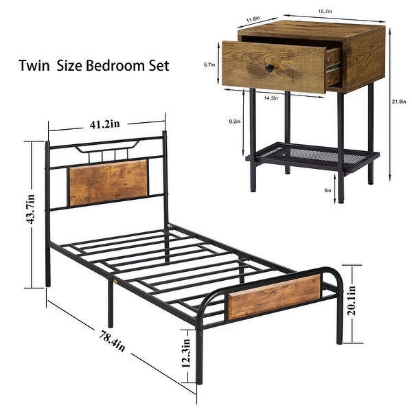 Industrial 3-Pieces Bedroom Set Platform Bed Frame and Nightstands Set of 2 - - 36913922