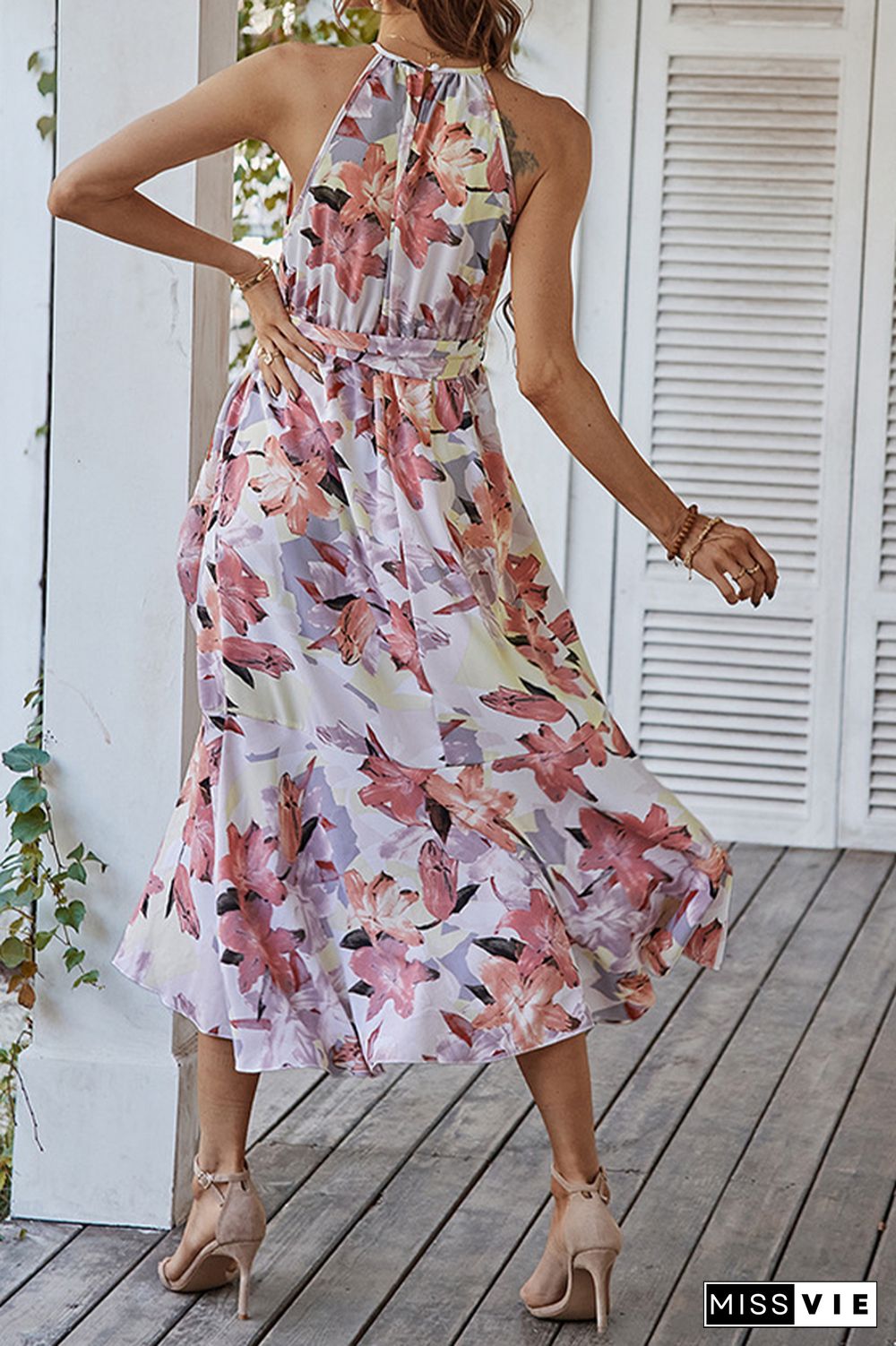 Halter Tie Waist Floral Print Dress Wholesale