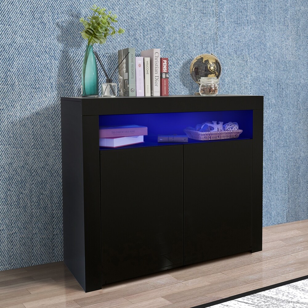 Living Room Sideboard Storage Cabinet Black High Gloss with LED Light  Modern Kitchen Unit Cupboard Buffet Wooden Storage