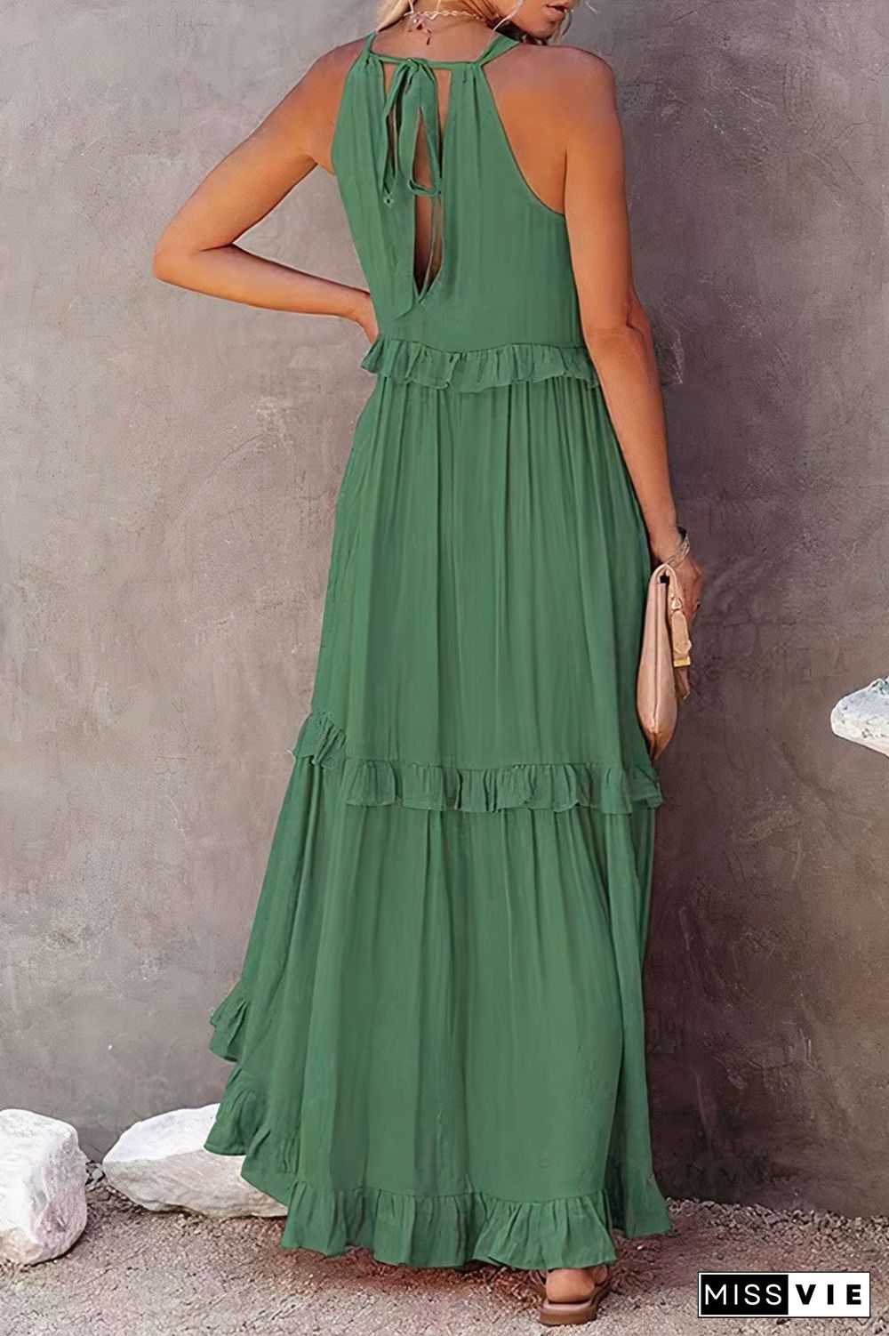 Ruffle Trim Shirred Tie Back Maxi Dress