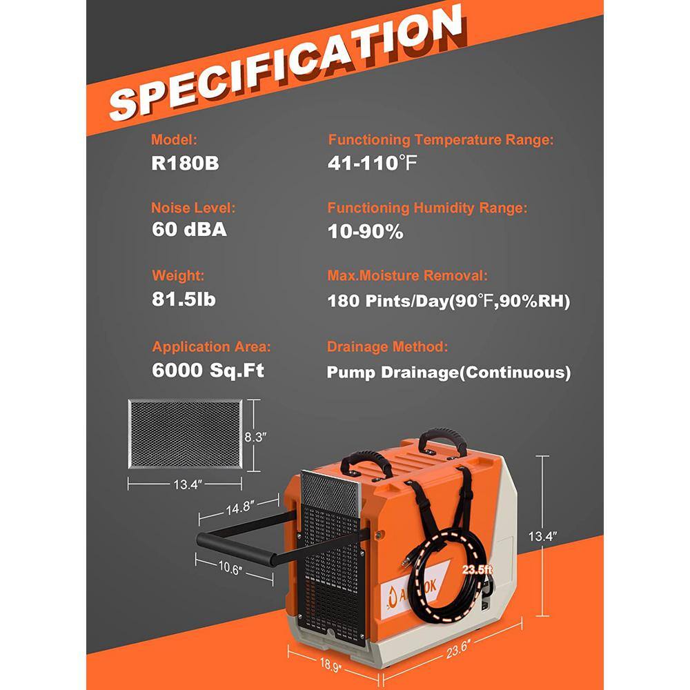 180 pt. 6000 sq. ft. Commercial Dehumidifier in Oranges with Drain Hose and Pump for Basement Garage Warehouse W-SPU-83