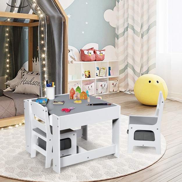 Tangkula 3 In 1 Kids Wood Table Chairs Set W Storage Box Blackboard Drawing Grey