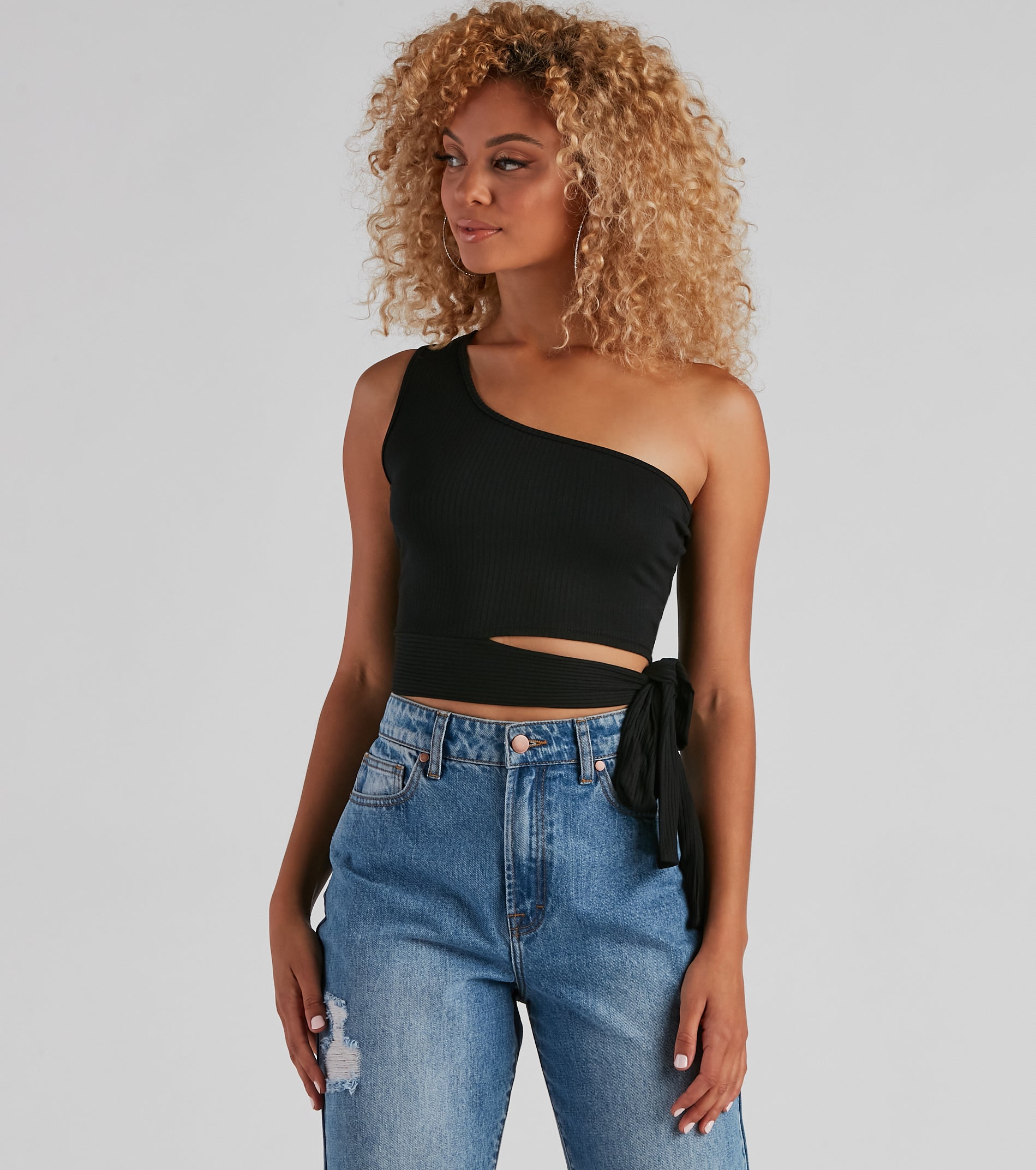 One Shoulder Tie Waist Crop Top