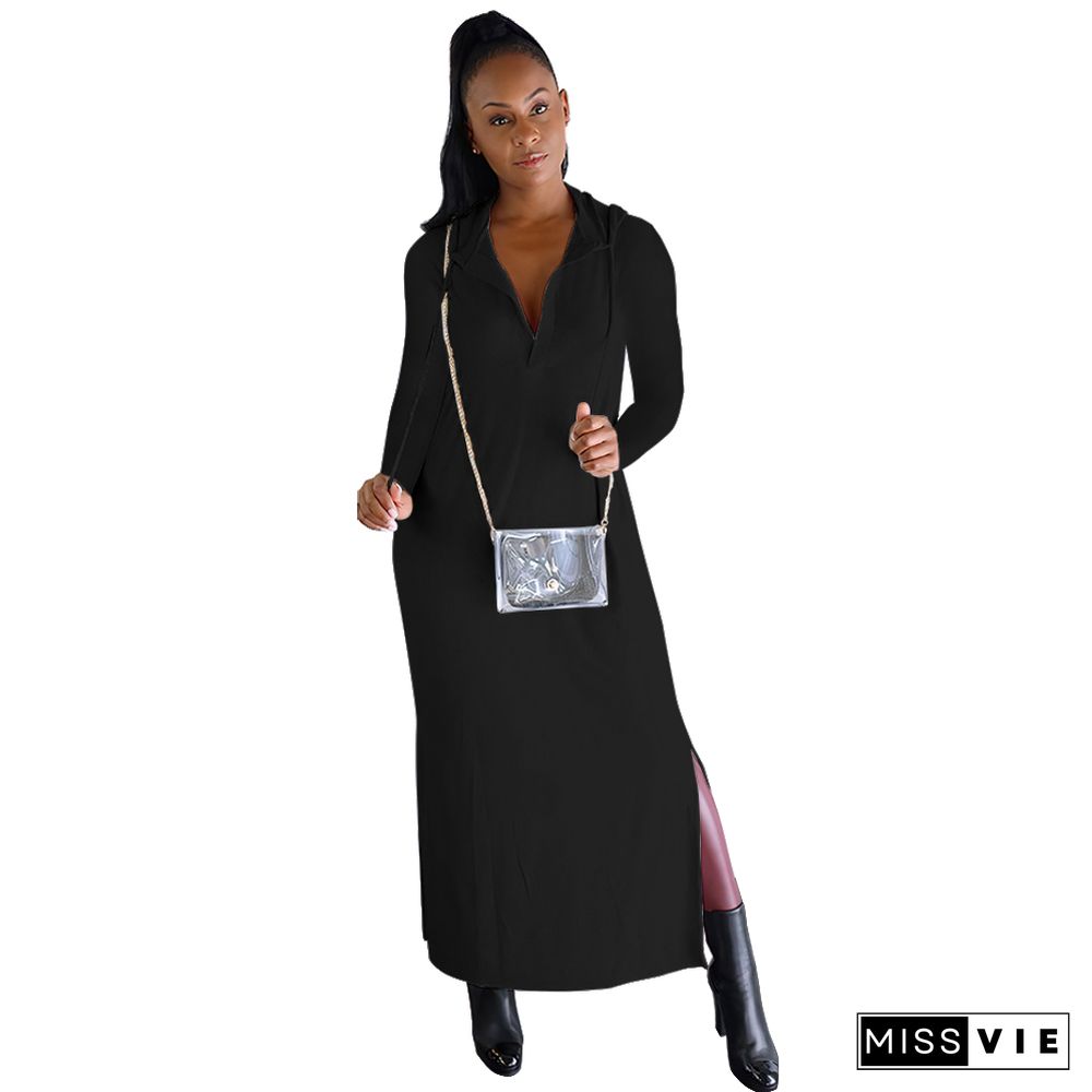 Solid Long Sleeve Back Hole Hooded Dress