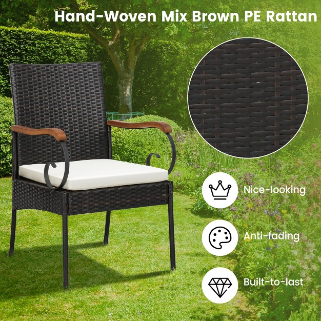 Costway 5pcs Patio Wicker Dining Set Armchairs Acacia Wood Table With Detachable Cushions amp Umbrella Hole