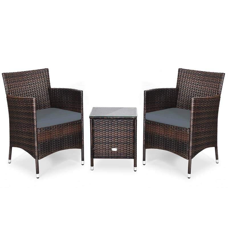 3 Pcs Rattan Patio Conversation Set Wicker Outdoor Furniture Set with Coffee Table & 2 Cushioned Sofa