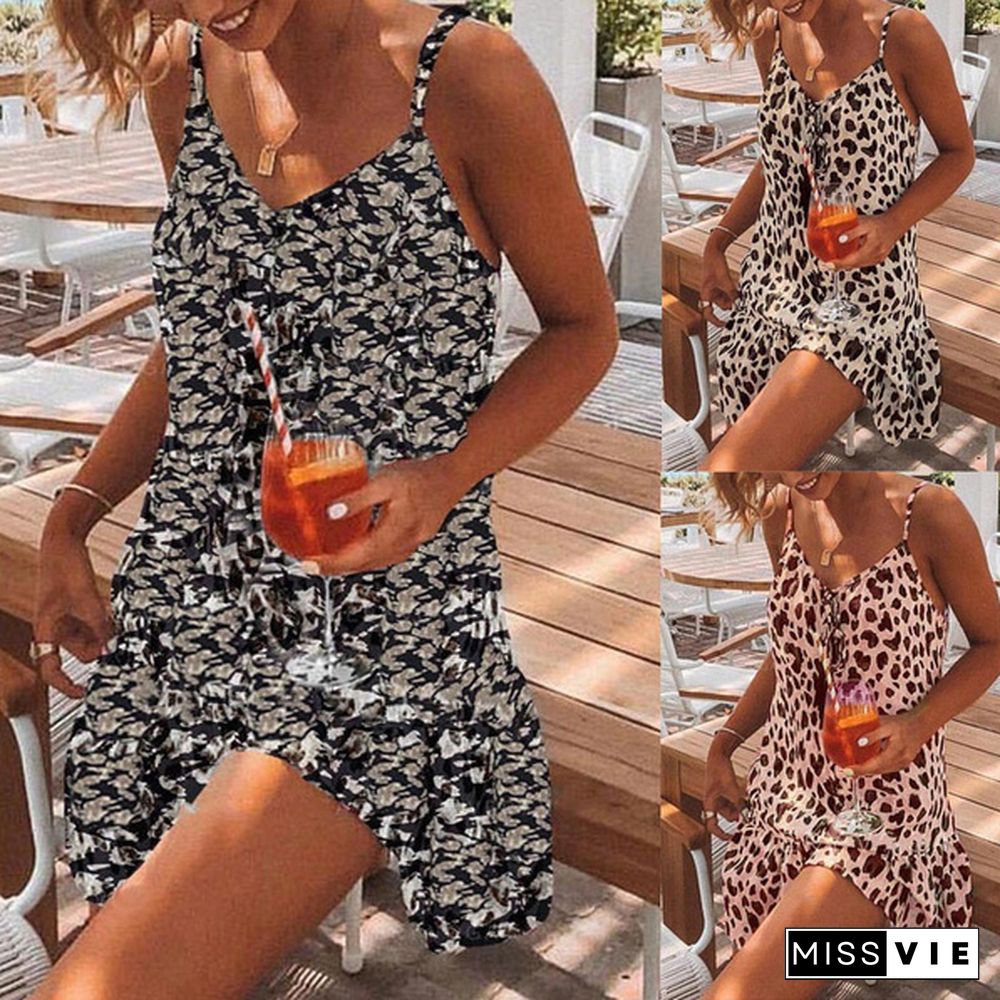 Women Fashion V-neck Leopard Print Sleeveless Dress Summer Casual Mini Tank Dress