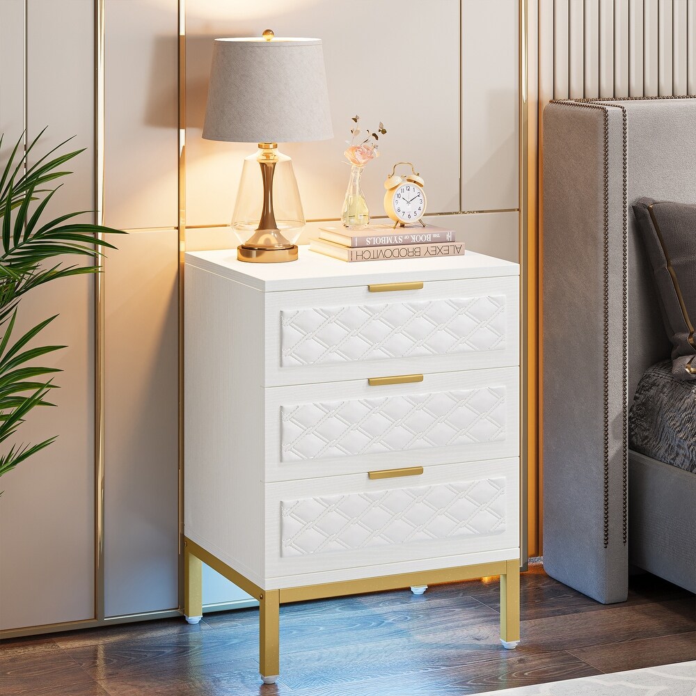 3 Drawer Nightstand  Modern Beside Table End Table with Storage Drawers and Gold Legs