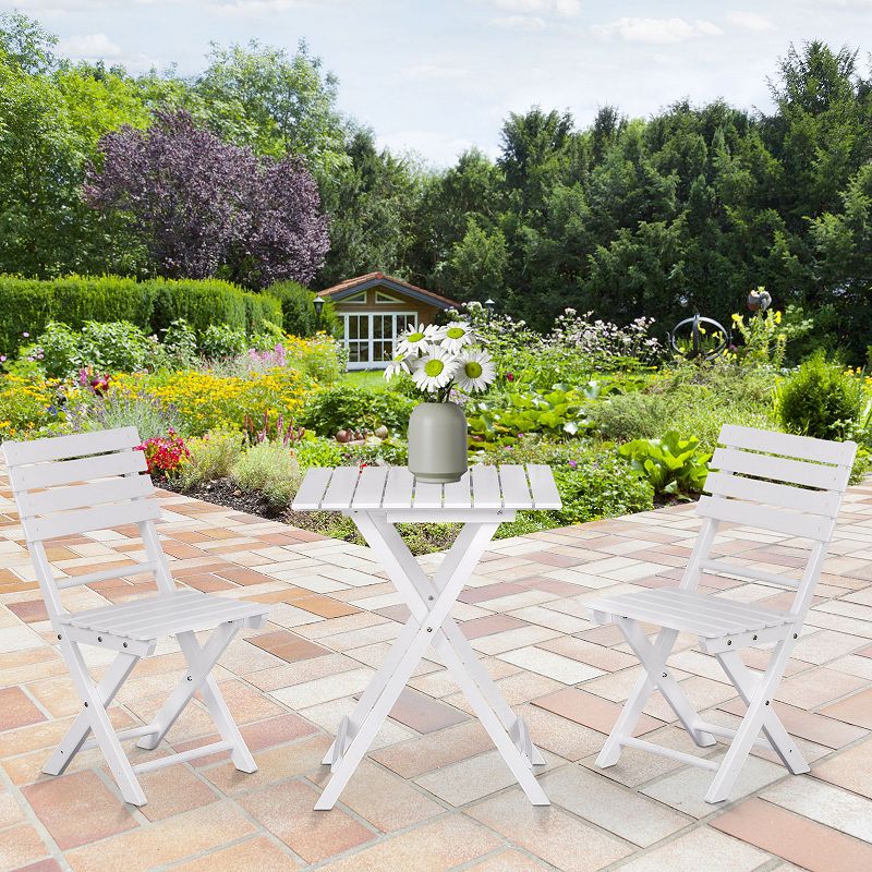 Outsunny 3 Piece Patio Bistro Set， Folding Outdoor Chairs and Table Set， Pine Wood Frame for Poolside Garden， White