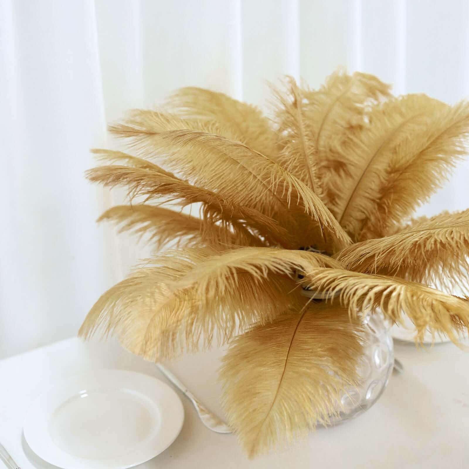 12 Pack Gold Natural Plume Real Ostrich Feathers, DIY Centerpiece Fillers 13