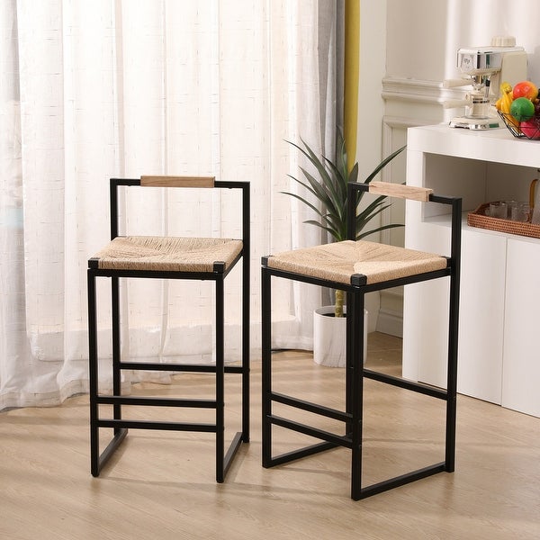 Set of 2 Counter Height Bar Stools with Woven Seat for Kitchen Home