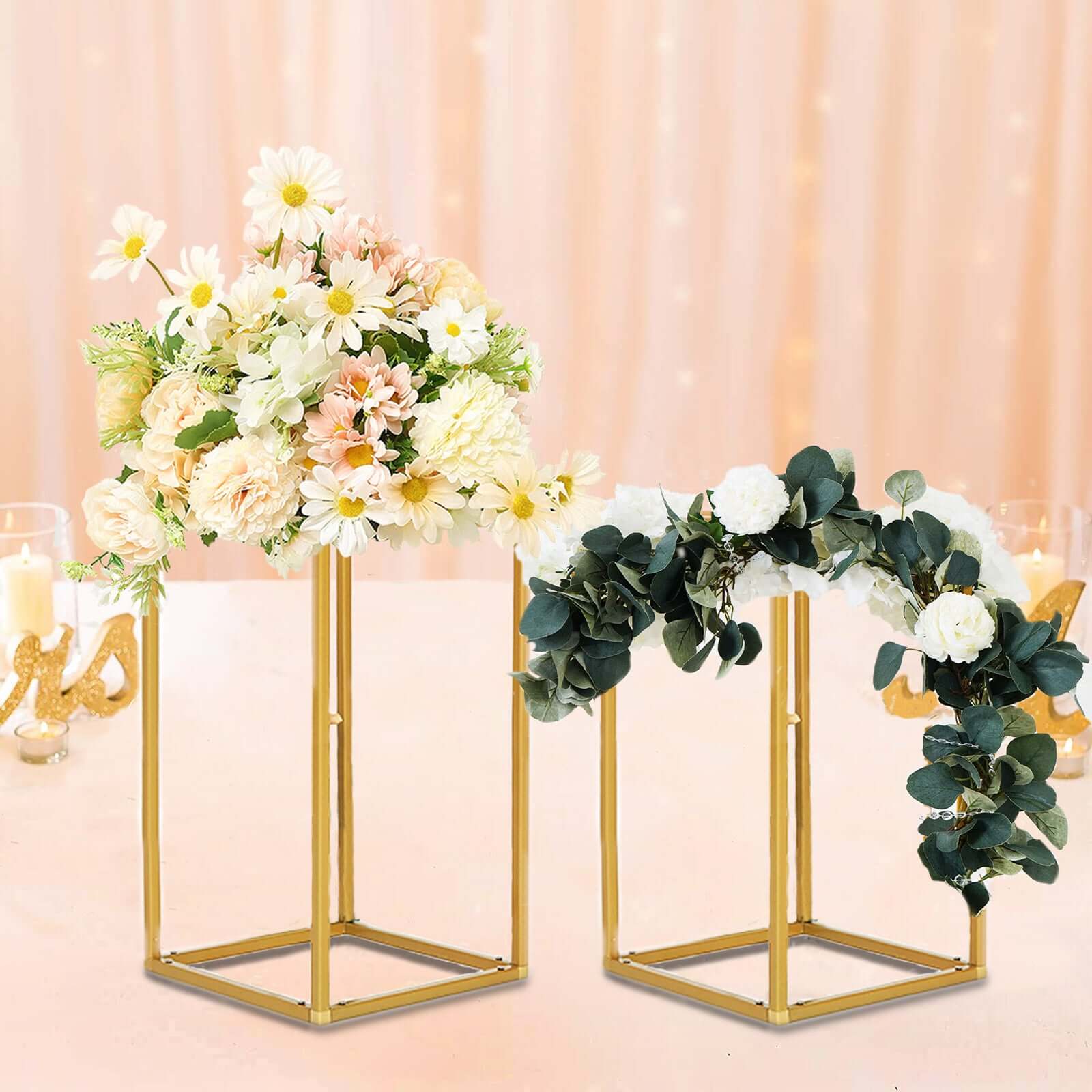 2 Pack Rectangular Gold Metal Wedding Flower Stand, Geometric Column Frame Centerpiece 12