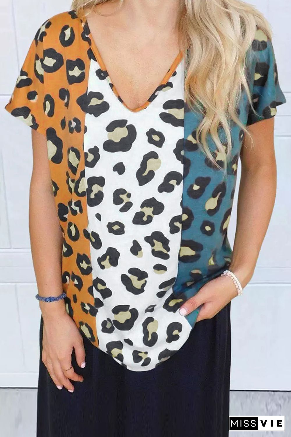 Leopard Color Block V-Neck Tee