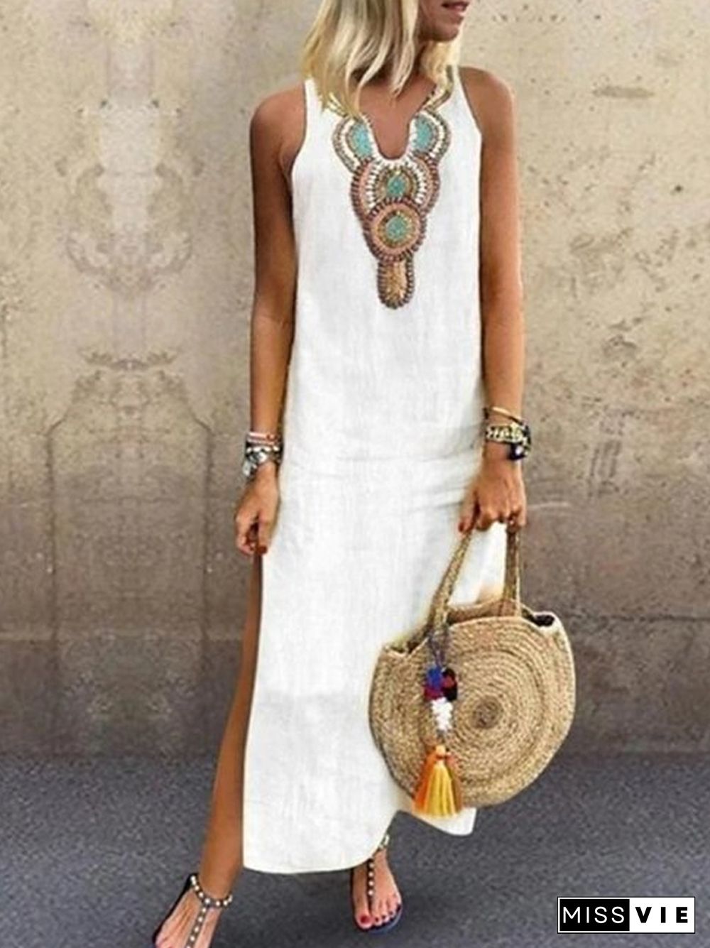 Women's Blazer Dresses Maxi long Dress - Sleeveless Tribal Split Print Summer V Neck Plus Size Hot Casual Boho Holiday Beach White Yellow Wine Green Gray S M L XL XXL White Dresses